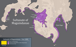 Detil peta luas maksimal wilayah Kesultanan Maguindanao menurut berbagai akun