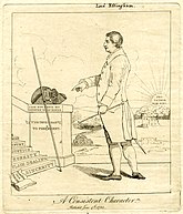 A portrait of Lord Howard in 1782; "A consistent character", the American war is being fought in the distance, the sun rises with the Latin phrase "Pro Patria non sibi", Howard points to the steps inscribed "Sincerity", "Plain-dealing", "Honesty", "Justice", "Country", "Religion", "Liberty".