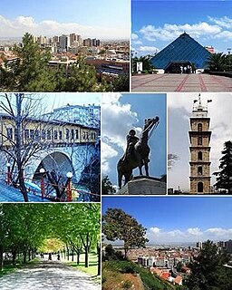 Top left: City centre, Top right: Zafer Plaza AVM; Middle left: Irgandı Bridge, Middle: Statue of موصطفی کامال آتاتورک, Middle right: Bursa Clock Tower; Bottom left: Bursa Botanical Park, Bottom right: City centre