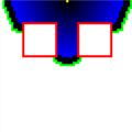 Расширение в процессе. Финишный узел (жёлтый) находится в середине верхнего ряда точек, начальный узел находится в середине нижнего ряда. Красный указывает на препятствие; чёрный/синий обозначает расширенные узлы (яркость обозначает стоимость). Зелёным обозначены узлы, которые расширяются.