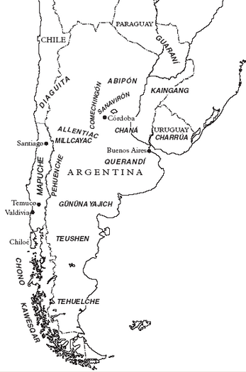 Distribució aproximada de les llengües indígenes en l'extrem meridional de Sud-amèrica en temps de la conquesta espanyola