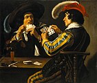 兩個人喺度玩啤牌； 佢哋淨係俾對手睇手牌其中一面。