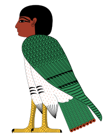 古代エジプトのスタイルで擬人化された、人間の頭部を持つ鳥。緑、黄、白、赤、茶、黒で彩色されている