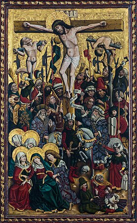 上奥地利哈尔施塔特天主教堂中祭坛画的中间面板《耶稣被钉十字架》。大约于1450年创作，