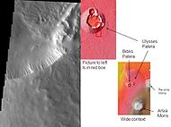 附近的尤利西斯山，显示了它相对于其他火山的位置（由热辐射成像系统拍摄）。