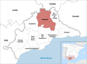 Die Lage der Comarca Antequera in der Provinz Málaga