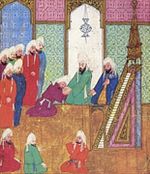 Orang-orang berbai'at kepada Abu Bakar di Saqifah, dengan Umar di sebelah kanan. Miniatur Persia dibuat sekitar tahun 1595.