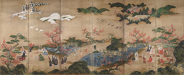 Uma tela pintada, de seis painéis, retratando uma espécie de parque no qual visitantes desfrutam a paisagem.