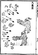 An illustration of fire arrow launchers as depicted in the Wubei Zhi (1621). The launcher is constructed using basketry.