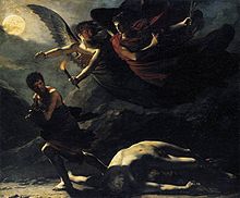 bức tranh màu u tối vẽ hai thiên thần có cánh đuổi theo người đàn ông chạy trốn khỏi một cơ thể trần trụi
