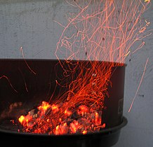 Flying sparks from burning charcoal