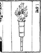 A 'lotus bunch' (yi ba lian) as depicted in the Huolongjing. It is a bamboo tube firing darts along with flames.