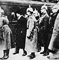 Soviet delegation with Leon Trotsky greeted by German officers at Brest-Litovsk