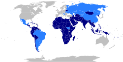 Bản đồ thế giới biểu diễn các nước thành viên và quan sát viên của Phong trào không liên kết