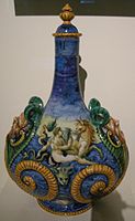 Можливо, Орацио Фонтана або його майстерня. Керамічна пляшка для пілігріма з морськими істотами, Урбіно, до 1570, Музей Ґетті, Каліфорнія