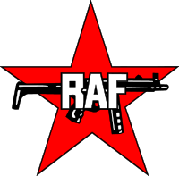 RAF:s logotyp: en röd stjärna bakom en Heckler & Koch MP5