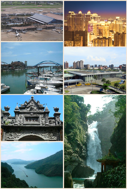 From left to right, top to bottom: China Airlines passenger plane on the Taoyuan International Airport, Taoyuan district , Yongan Fishing Port, HSR Taoyuan Station, Daxi Old Street of Baroque architecture, Shihmen Reservoir, Small Wulai Waterfall