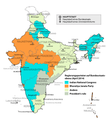 Regierungsparteien auf Bundesstaatsebene unmittelbar nach der Wahl 2009 und vor der Wahl 2014 ﻿Indischer Nationalkongress ﻿Bharatiya Janata Party ﻿Andere ﻿President’s rule