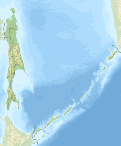 Mapa konturowa obwodu sachalińskiego, blisko dolnej krawiędzi nieco na lewo znajduje się punkt z opisem „Szykotan”