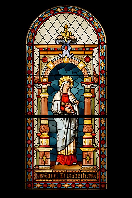 圖為描繪匈牙利的聖依撒伯爾的18世紀玻璃花窗，攝於斯洛文尼亞盧布爾雅那的城市博物館。今天是她的瞻禮日。