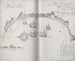 En gammal karta över en av Mauritius havsvikar, med ett "D" som visar var dronter observerats