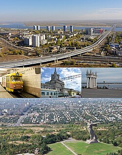 Nahoře:most přes řeku Volhu, uprostřed vlevo:stanice městské rychlodráhy,uprostřed:Volgogradské nádraží, uprostřed vpravo:propyleje na centrálním náměstí, dole:socha Matka vlast volá