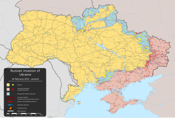 המצב הצבאי נכון לספטמבר 2022:            ורוד–שטחים המוכרים כשל רוסיה ובעלות בריתה קודם הפלישה, אדום–שטחים בשליטת רוסיה והבדלנים לאחר הפלישה הרוסית לאוקראינה            צהוב–שטחים בשליטת אוקראינה, תכלת–שטחים שכבשה רוסיה ונהדפה מהם