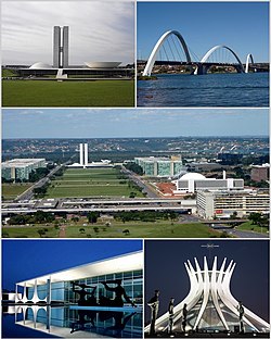 Frae upper left: Naitional Congress o Brazil, Juscelino Kubitschek brig, Monumental Axis, Palácio da Alvorada an Cathedral o Brasília.