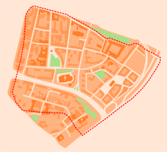 Mapa konturowa Starego Miasta w Szczecinie, u góry znajduje się punkt z opisem „Kościół Mariacki”