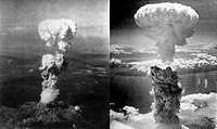 Awan jamur bom atom di langit Hiroshima (kiri) dan Nagasaki (kanan)