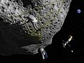 Робота астронавта під час Exploration Mission 2, який готує захоплення астероїда[en] під час маневру на одному з навколоземних об'єктів. Space Exploration Vehicle біля нього з Оріоном, який зістикований з Deep Space Habitat.