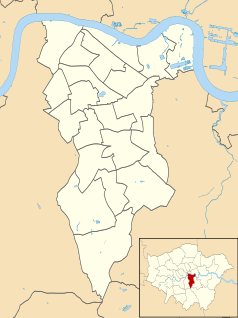 Mapa konturowa gminy Southwark, blisko górnej krawiędzi nieco na lewo znajduje się punkt z opisem „London Bridge”