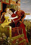 Den berømte balkongscenen i Romeo og Julie. Oljemaleri av Ford Madox Brown (1870)