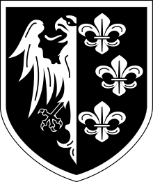 Image en noir et blanc représentant un blason composé d'un aigle et de fleurs de lys.