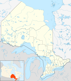 Mapa konturowa Ontario, na dole po prawej znajduje się punkt z opisem „University of Toronto”