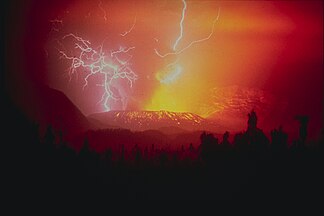 Eruption of Galungung with lightning strikes