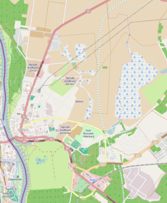 Mapa konturowa Słubic, po lewej nieco na dole znajduje się punkt z opisem „plac Frankfurcki”