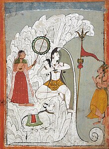 Peinture représentant Shiva portant un pagne en peau de tigre, un buffle blanc allongé et les dieux Parvati et Bhagiratha.