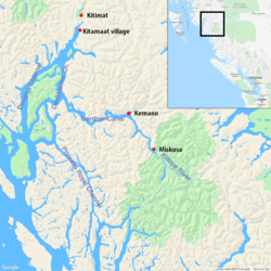 Karta som visar Kitimat, Kitamaat Village, Kemano och Miskusa, British Columbia.