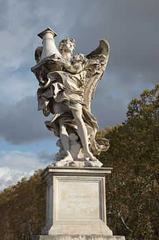 Estátua de anjo com uma coluna do escultor italiano Antonio Raggi (1624-1686) sobre a Ponte de Santo Ângelo, em Roma, Itália. (definição 3 446 × 5 179)