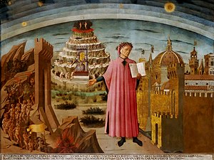 Dante med ett exemplar av Den gudomliga komedin. Målning av Domenico di Michelino.