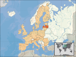 Location of  Latvia  (orange) – in Europe  (camel & white) – in the European Union  (camel)                  [Legend]