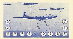 B-29s dropping bombs. There are twelve circles with Japanese writing in them.