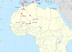 Itinerario di Ibn Battuta 1349–1354 (Nord Africa, Spagna e Africa occidentale).