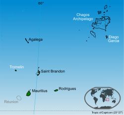 Kepulauan Republik Mauritius dilabel dalam warna hitam; Kepulauan Chagos Archipelago dan Tromelin dituntut oleh Mauritius.