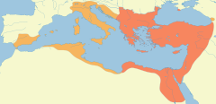 Bysantinska rikets största utsträckning på 560-talet.   Områden som ingick i den ursprungliga delningen av det romerska kejsardömet i två administrativa enheter.   Områden erövrade under kejsaren Justinianus I.