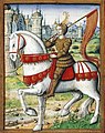 A cavall, en una miniatura d'un manuscrit de 1505.