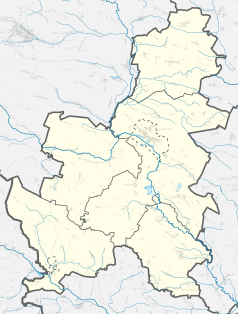 Mapa konturowa powiatu pińczowskiego, po prawej nieco u góry znajduje się punkt z opisem „Stara Wieś”