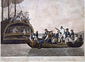 Kapitán William Bligh s loajálními členy posádky při vysazení do člunu z lodi Bounty. Dobová ilustrace Roberta Dodda z r. 1790