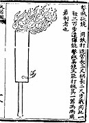 A 'bandit-striking penetrating gun' (ji zei bian chong) as depicted in the Huolongjing. The first known metal barreled fire lance, it throws low nitrate gunpowder flames along with coviative missiles.